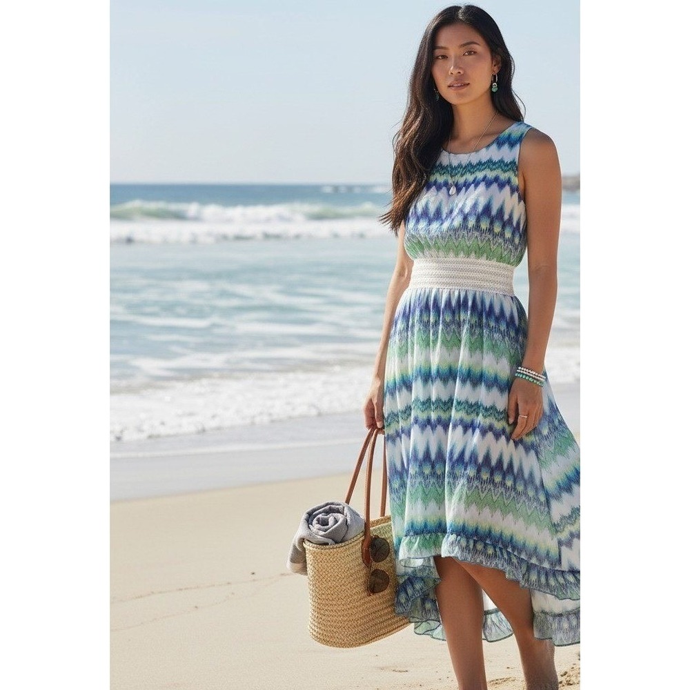 Copper Key Girls Sz 16 Lined Sun Dress Blue Chevron Tiered Midi Flowing